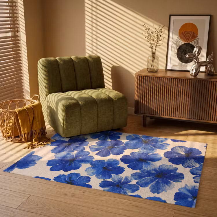Bloemen - Blauw -Patroon - Wit Vloerkleed Rechthoek klein -atmosphere_sfeer1_global