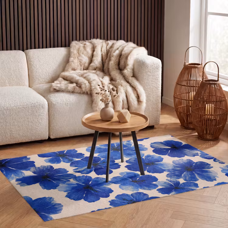 Bloemen - Blauw -Patroon - Wit Vloerkleed Rechthoek klein -atmosphere_sfeer2_global