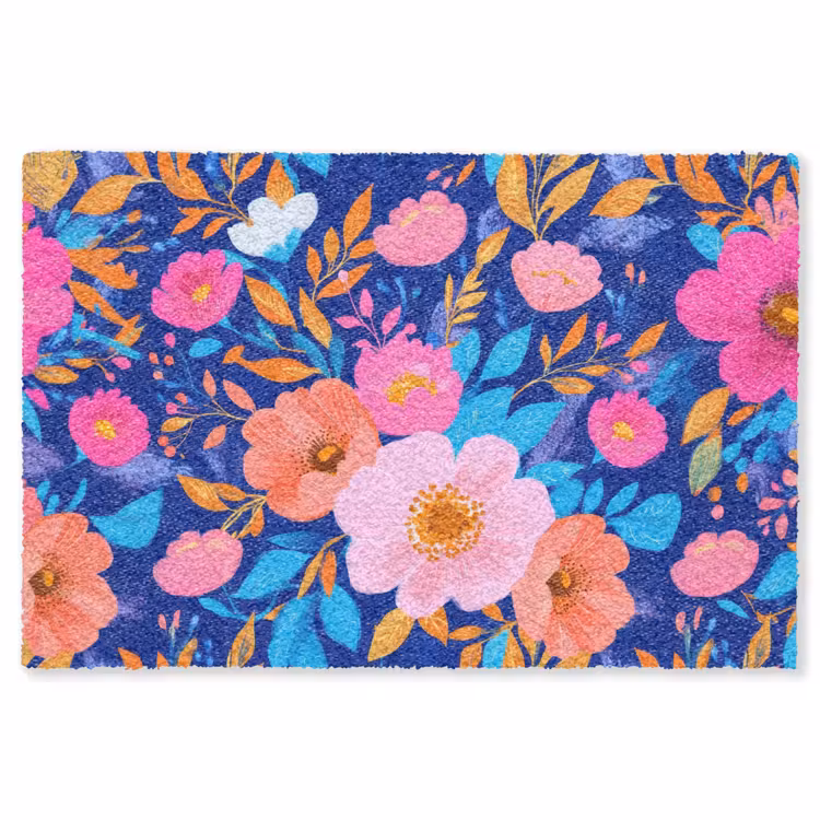 Bloemen - Blauw - Roze Vloerkleed Rechthoek klein -3d