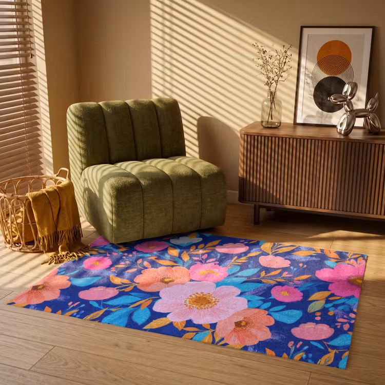 Bloemen - Blauw - Roze Vloerkleed Rechthoek klein -atmosphere_sfeer1_global