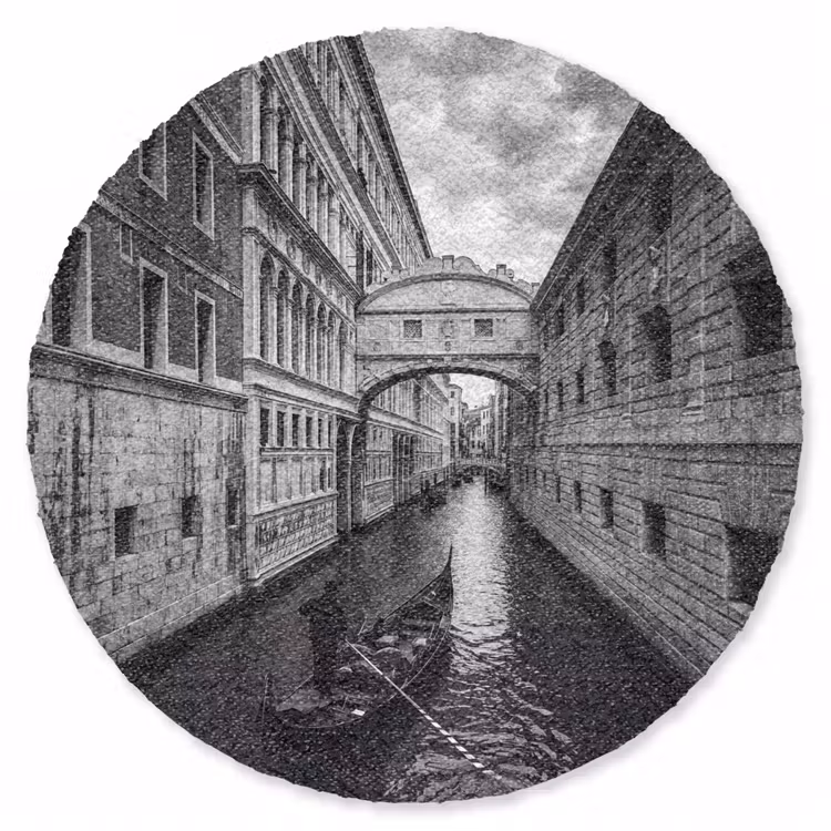 Teppich - Boot – Wasserstraße – Stadt – Schwarz-Weiß – Architektur - Boot - Waterweg - Stad - Zwart-wit - Architectuur Vloerkleed Rond klein