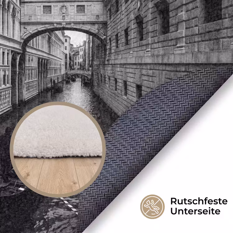Teppich - Boot – Wasserstraße – Stadt – Schwarz-Weiß – Architektur - Boot - Waterweg - Stad - Zwart-wit - Architectuur Vloerkleed Rond klein
