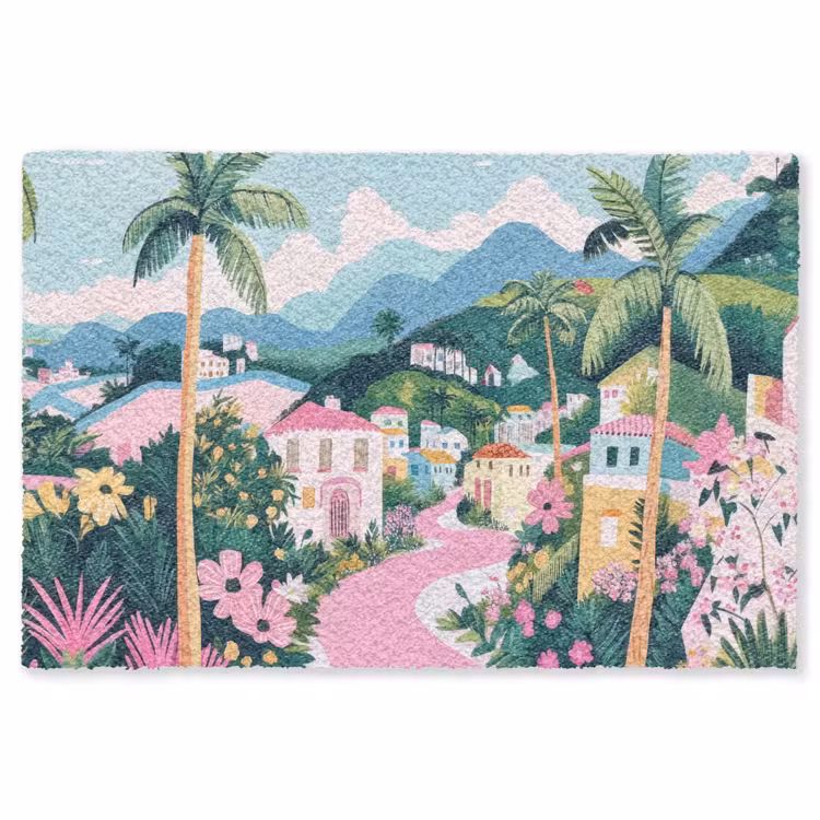 Kleurrijk - Huizen - Heuvels - Roze Vloerkleed Rechthoek klein -3d