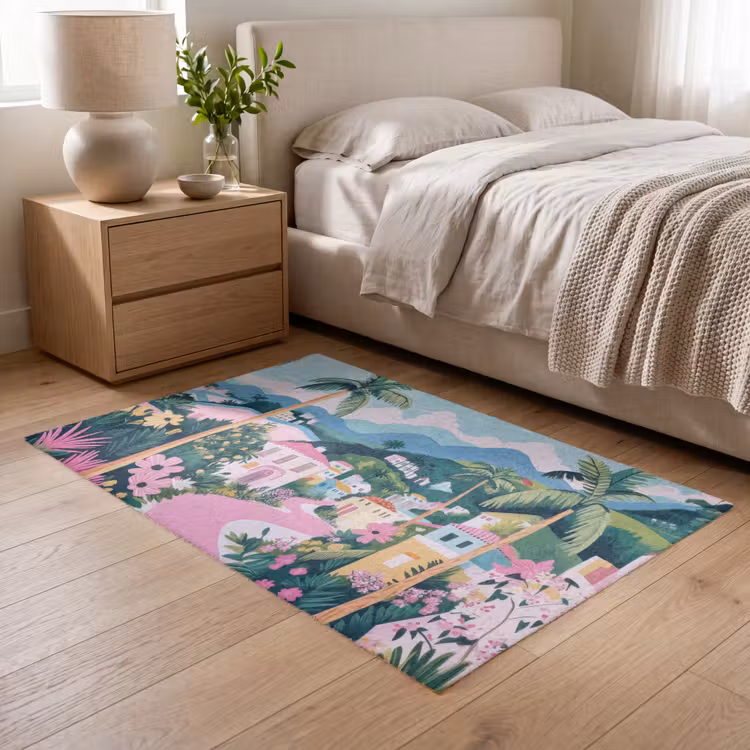 Kleurrijk - Huizen - Heuvels - Roze Vloerkleed Rechthoek klein -atmosphere_sfeer3_global