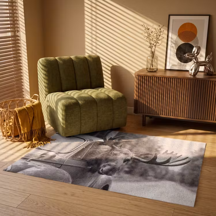 Eland - Auto - Gewei - Zwart - Wit Vloerkleed Rechthoek klein -atmosphere_sfeer1_global