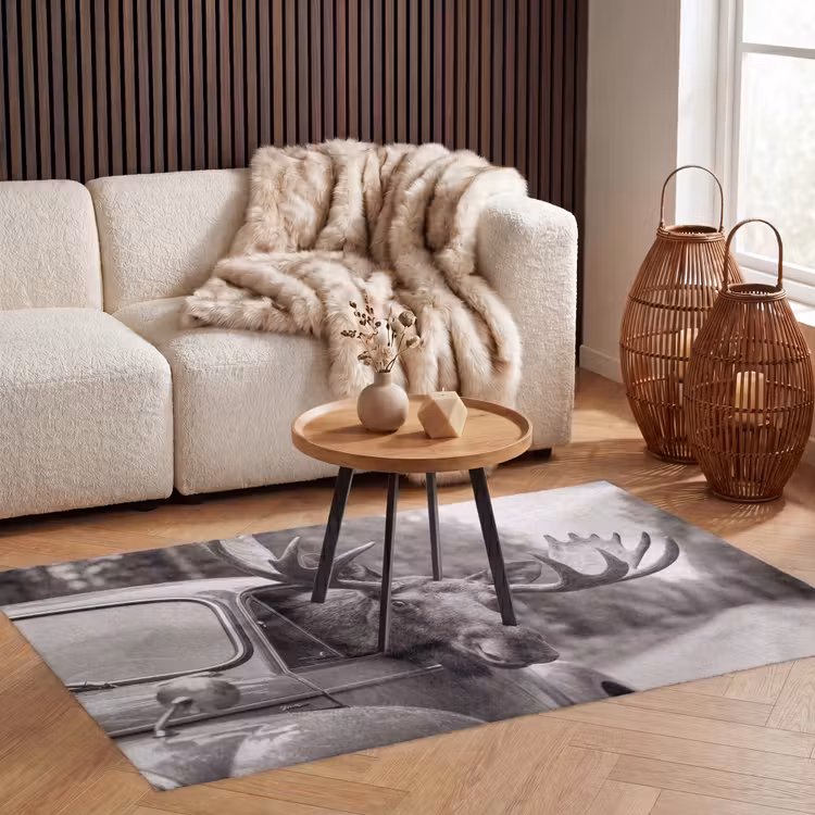 Eland - Auto - Gewei - Zwart - Wit Vloerkleed Rechthoek klein -atmosphere_sfeer2_global