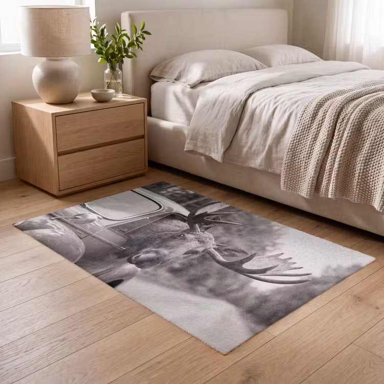 Eland - Auto - Gewei - Zwart - Wit Vloerkleed Rechthoek klein -atmosphere_sfeer3_global