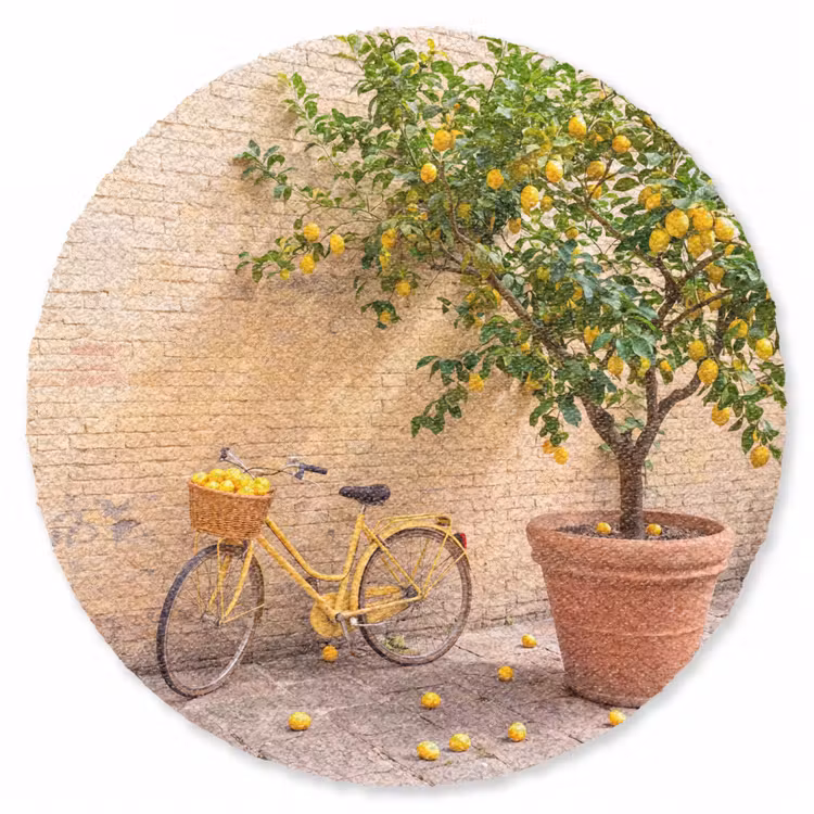 Teppich - Fahrrad – Korb – Essen – Gelb – Sommer - Fiets - Mand - Eten - Geel - Zomer Vloerkleed Rond klein