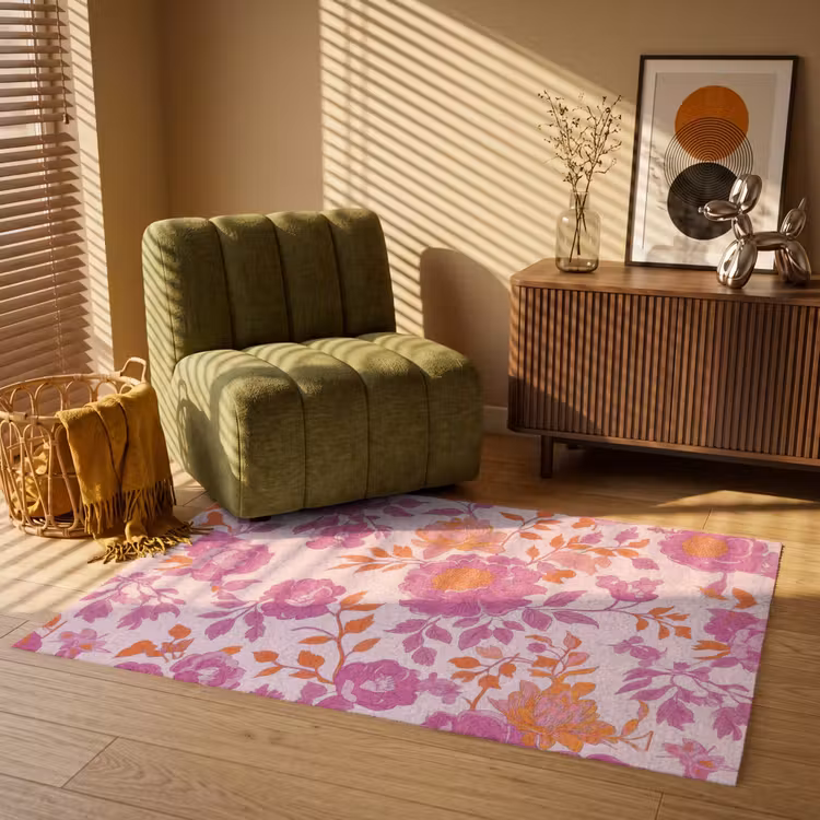 Bloemenpatroon - Roze - Oranje - Bloemen Vloerkleed Rechthoek klein -atmosphere_sfeer1_global