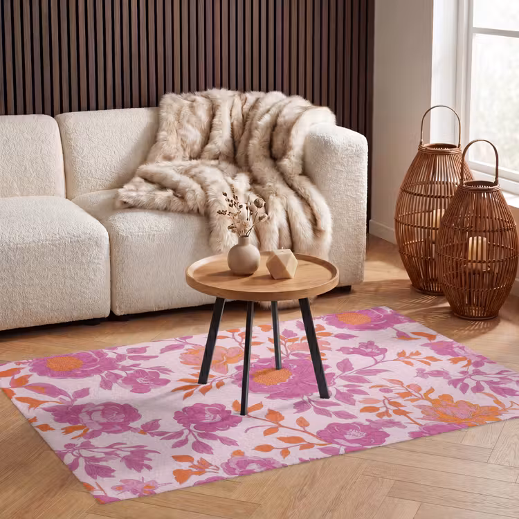 Bloemenpatroon - Roze - Oranje - Bloemen Vloerkleed Rechthoek klein -atmosphere_sfeer2_global