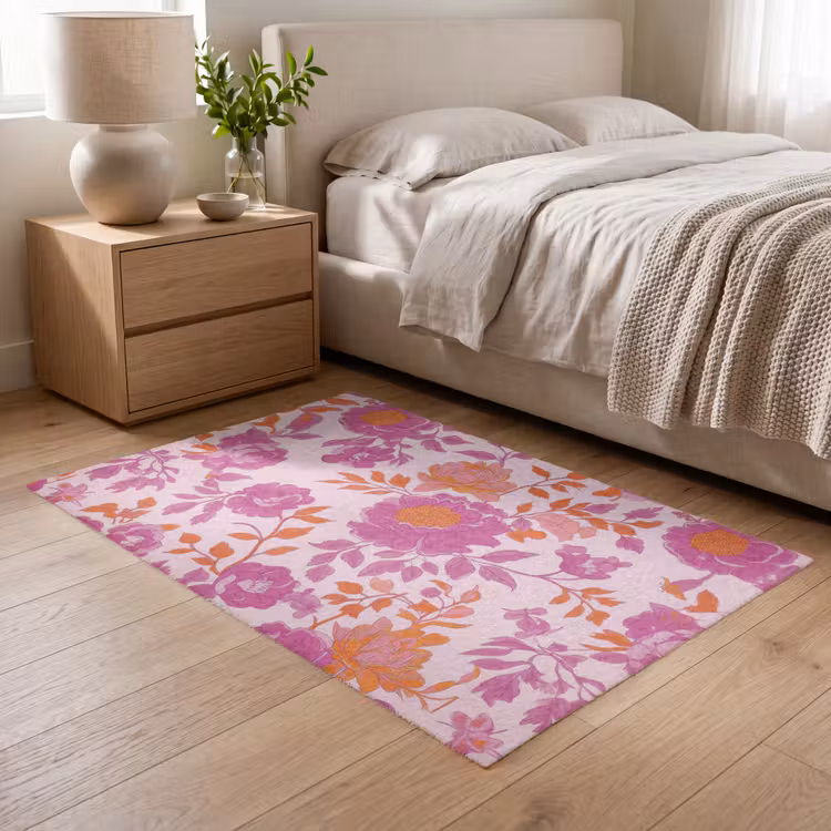 Bloemenpatroon - Roze - Oranje - Bloemen Vloerkleed Rechthoek klein -atmosphere_sfeer3_global