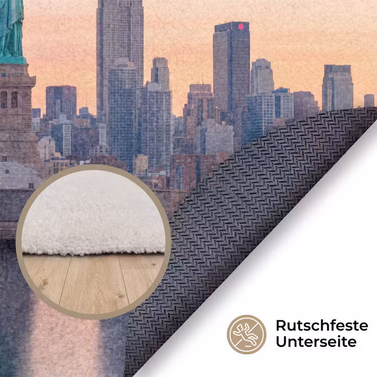 Teppich - Freiheitsstatue – New York – Sonnenaufgang – Stadt – Architektur - Vrijheidsbeeld - New York - Zonsopgang - Stad - Architectuur Vloerkleed Rond klein
