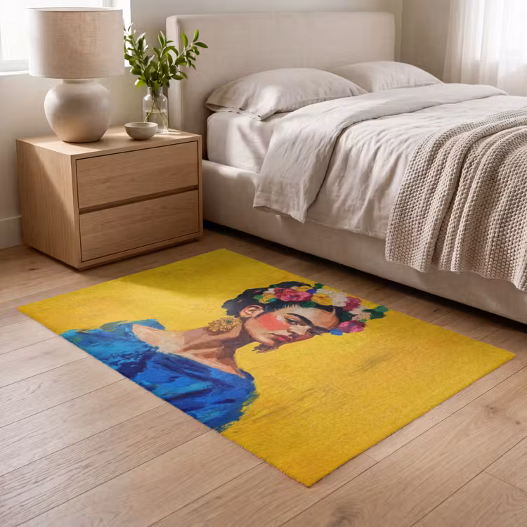 Frida Kahlo - Vrouw - Geel - Blauw - Bloemen Vloerkleed Rechthoek klein -atmosphere_sfeer3_global