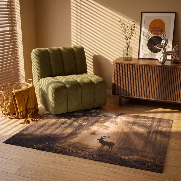 Hert - Bos - Mistig - Natuur - Goud Vloerkleed Rechthoek klein -atmosphere_sfeer1_global