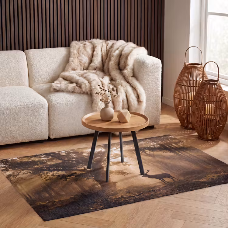 Hert - Bos - Mistig - Natuur - Goud Vloerkleed Rechthoek klein -atmosphere_sfeer2_global