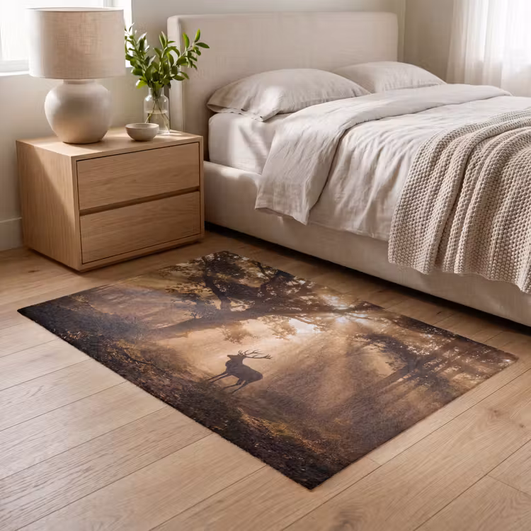 Hert - Bos - Mistig - Natuur - Goud Vloerkleed Rechthoek klein -atmosphere_sfeer3_global