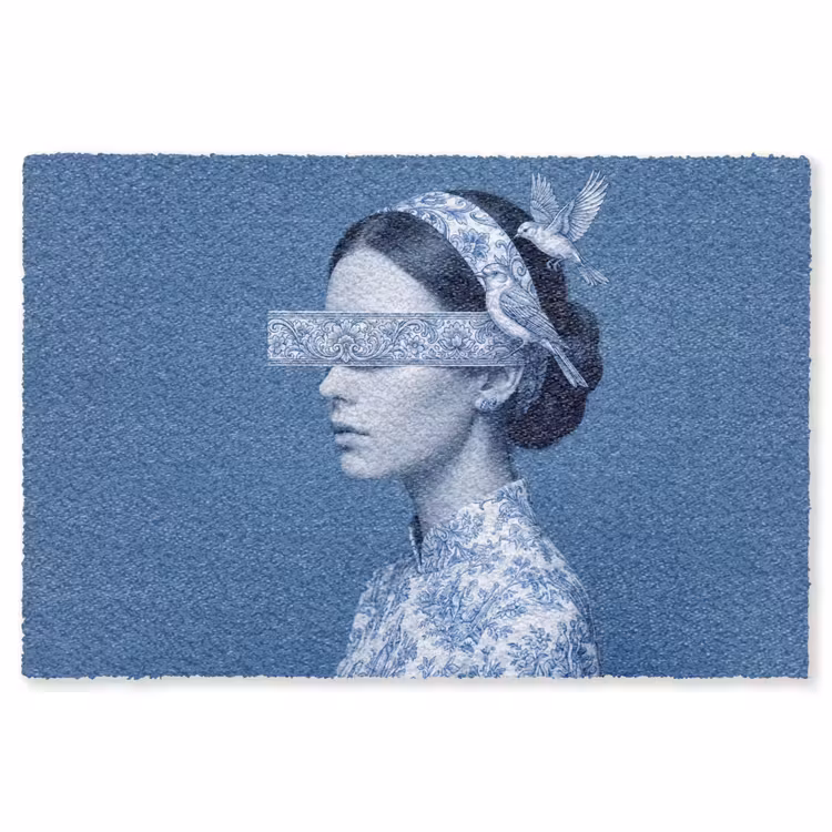 Portret - Klassiek - Wit - Blauw Vloerkleed Rechthoek klein -3d