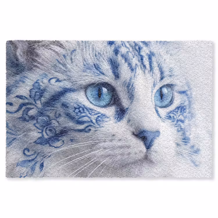 Kat - Patroon - Blauw Vloerkleed Rechthoek klein -3d