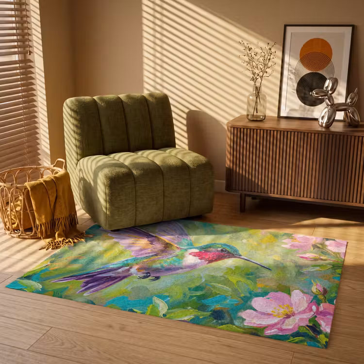 Kolibrie - Bloemen - Natuur - Kleurrijk Vloerkleed Rechthoek klein -atmosphere_sfeer1_global