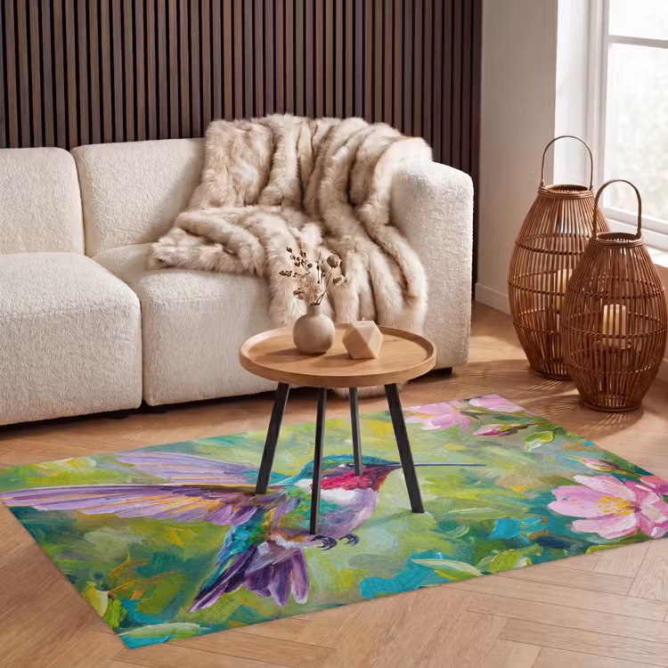 Kolibrie - Bloemen - Natuur - Kleurrijk Vloerkleed Rechthoek klein -atmosphere_sfeer2_global
