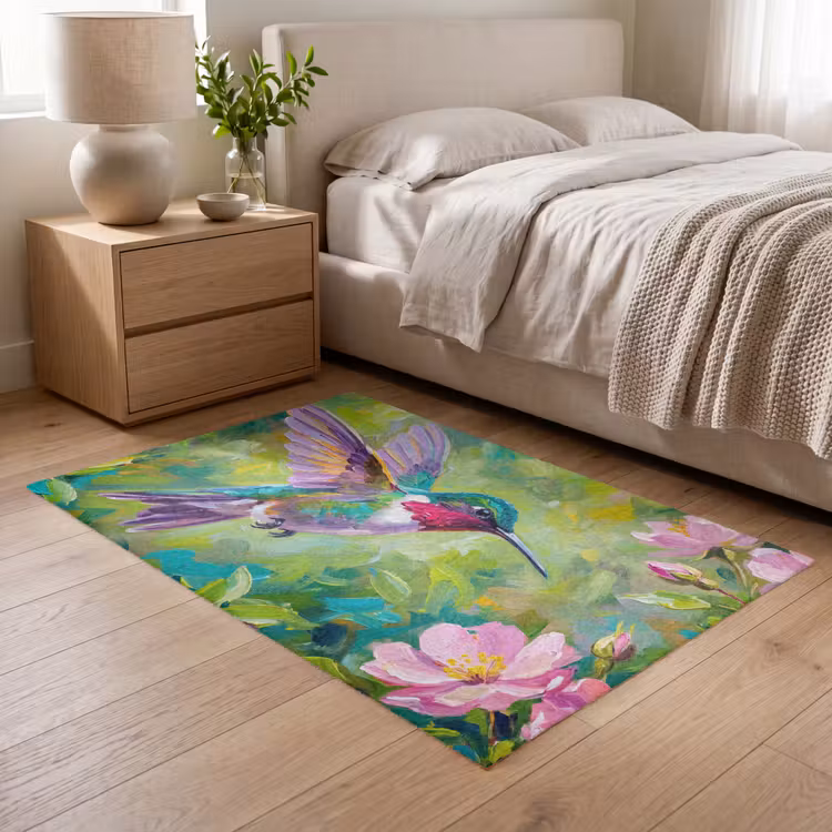 Kolibrie - Bloemen - Natuur - Kleurrijk Vloerkleed Rechthoek klein -atmosphere_sfeer3_global