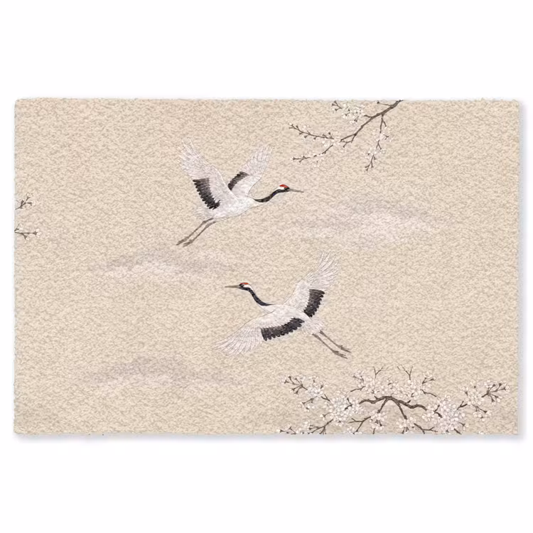 Kraanvogels - Bloesem - Beige Vloerkleed Rechthoek klein -3d