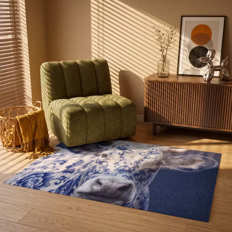 Koe - Delfts - Blauw - Artistiek Vloerkleed Rechthoek klein -atmosphere_sfeer1_global