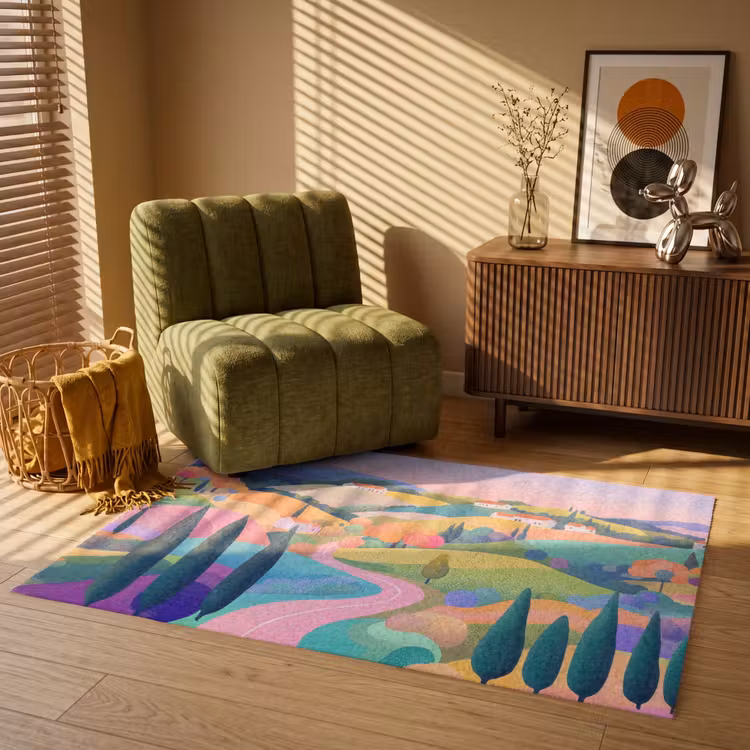 Landschap - Paars - Pastel - Huizen Vloerkleed Rechthoek klein -atmosphere_sfeer1_global