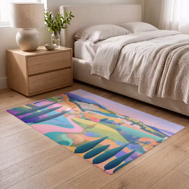 Landschap - Paars - Pastel - Huizen Vloerkleed Rechthoek klein -atmosphere_sfeer3_global