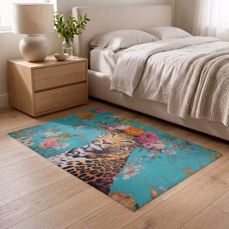 Luipaard - Bloemen - Kroon Vloerkleed Rechthoek klein -atmosphere_sfeer3_global