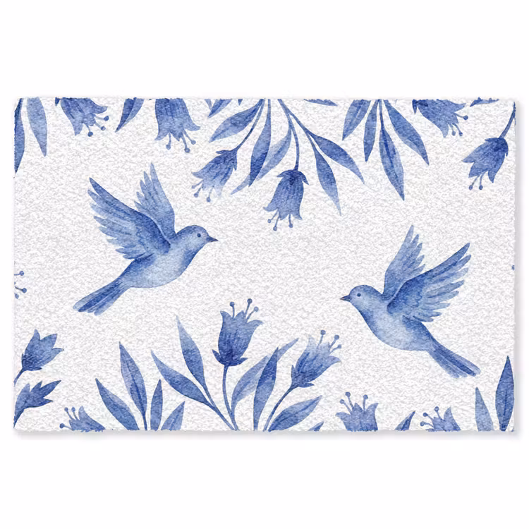 Modern - Vogels - Delfts - Blauw Vloerkleed Rechthoek klein -3d