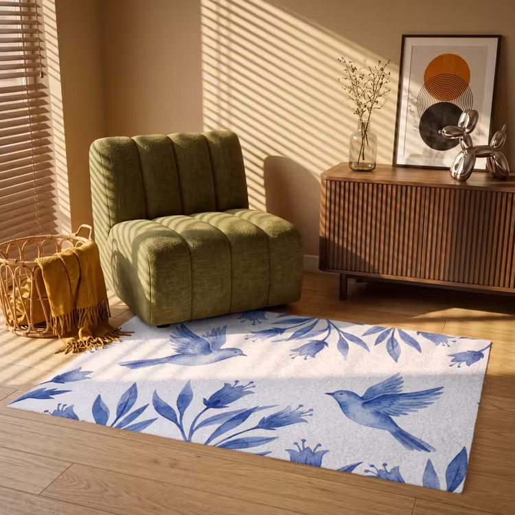 Modern - Vogels - Delfts - Blauw Vloerkleed Rechthoek klein -atmosphere_sfeer1_global