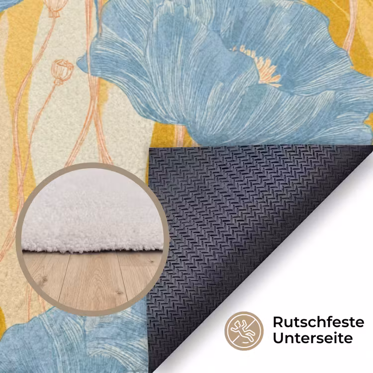 Papavers - Botanisch - Blauw Vloerkleed Rechthoek klein 1091 -uniquesellingpoint_antislip_DE_DE