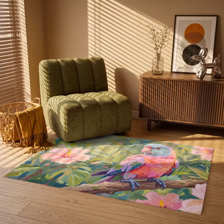 Papagaai - Hibiscusbloemen - Kleurrijk Vloerkleed Rechthoek klein -atmosphere_sfeer1_global
