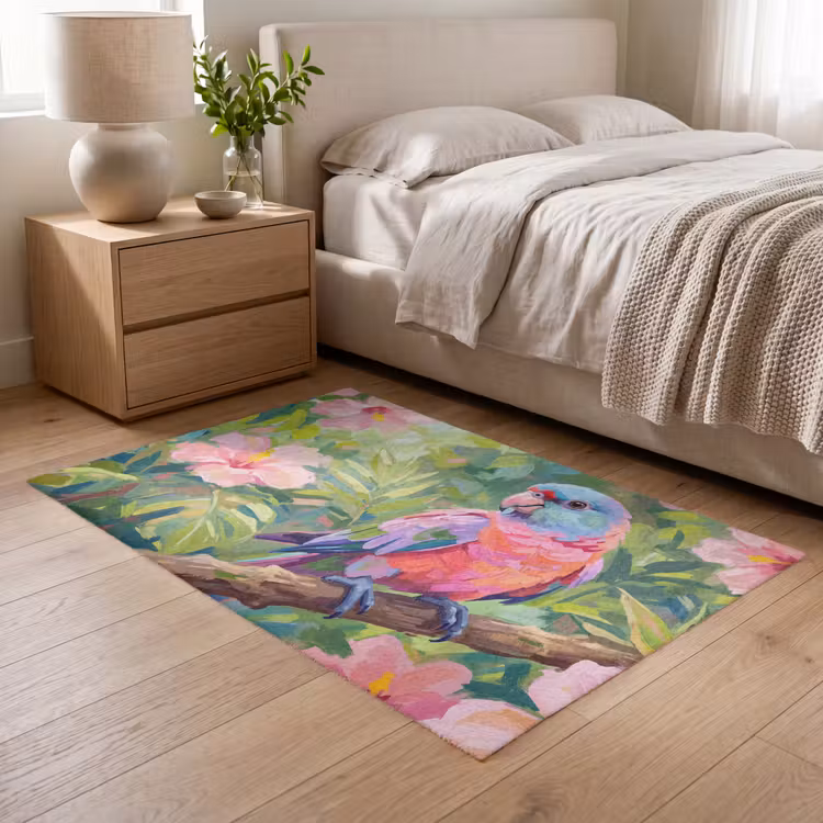 Papagaai - Hibiscusbloemen - Kleurrijk Vloerkleed Rechthoek klein -atmosphere_sfeer3_global