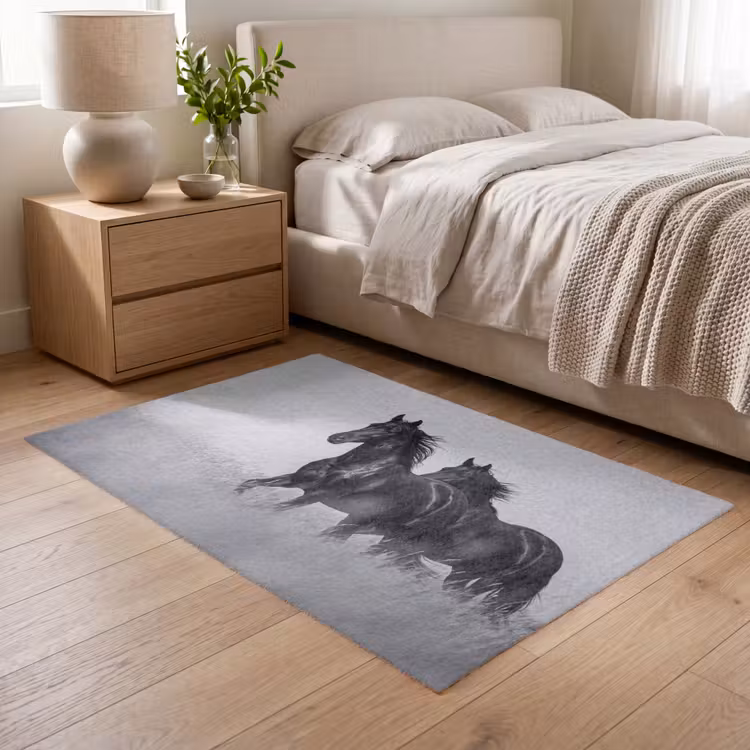Paarden - Gras - Zwart - Wit Vloerkleed Rechthoek klein -atmosphere_sfeer3_global