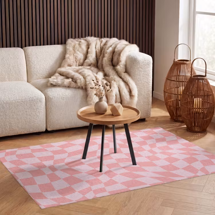 Hokjes patroon - Roze - Golvende lijnen Vloerkleed Rechthoek klein -atmosphere_sfeer2_global