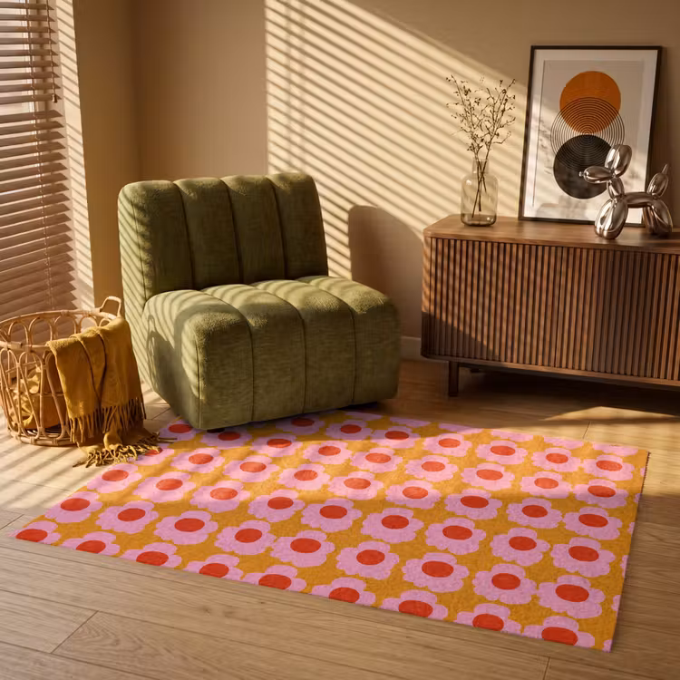 Retro - Bloemen - Roze Vloerkleed Rechthoek klein 1091 -atmosphere_sfeer1_global