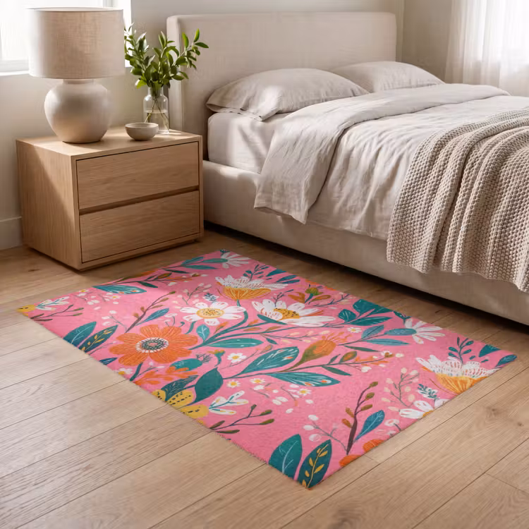 Roze - Bloemen - Wit - Oranje Vloerkleed Rechthoek klein -atmosphere_sfeer3_global