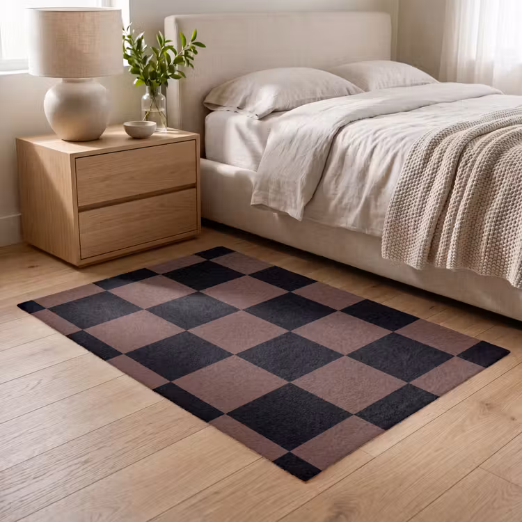 Schaakbord print - Bruin - Zwart - Blokjes Vloerkleed Rechthoek klein -atmosphere_sfeer3_global