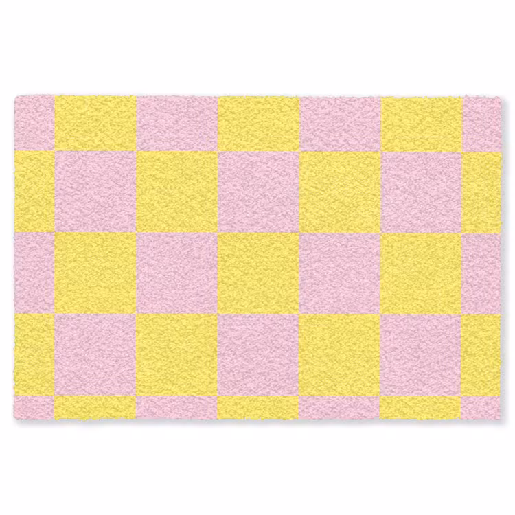 Schaakbord patroon - Geel - Roze - Blokjes Vloerkleed Rechthoek klein -3d