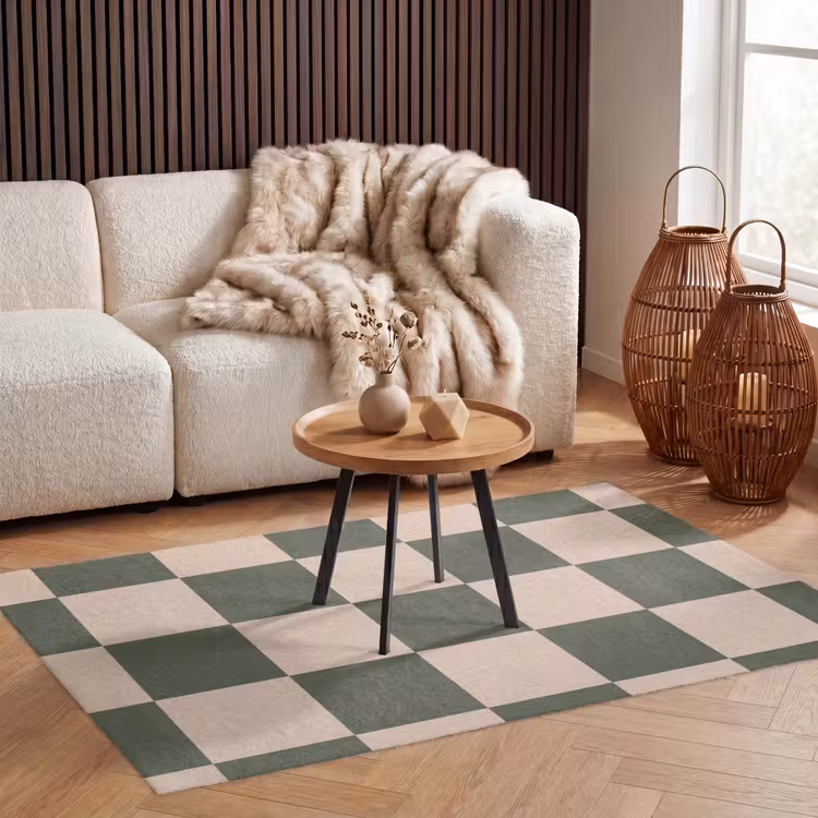 Schaakbord print - Groen - Beige - Blokjes Vloerkleed Rechthoek klein -atmosphere_sfeer2_global