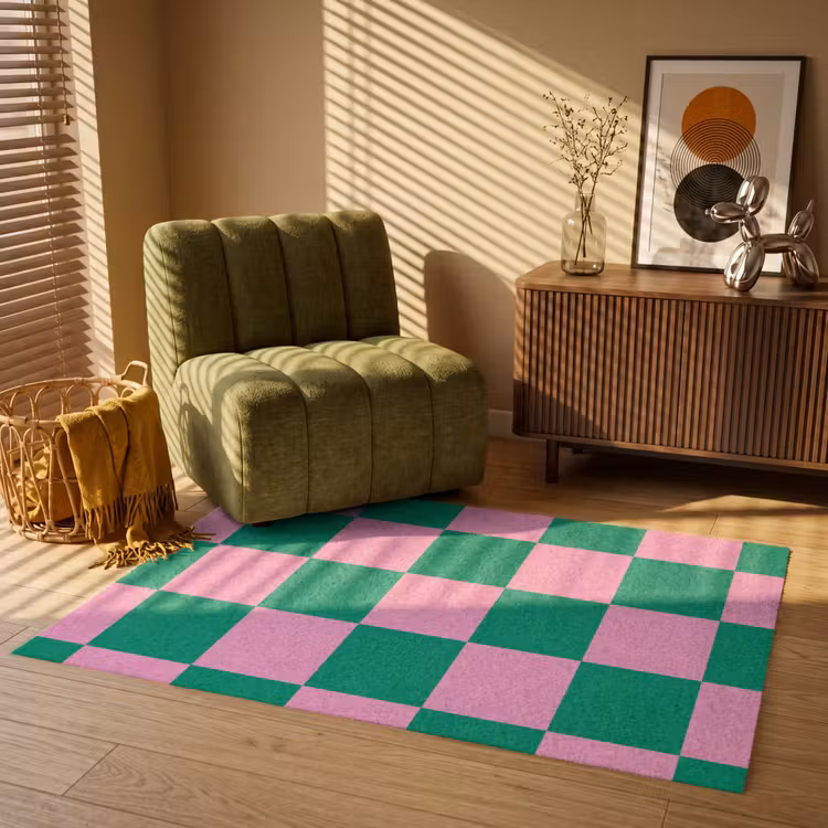 Schaakbord patroon - Groen - Roze - Blokjes Vloerkleed Rechthoek klein -atmosphere_sfeer1_global