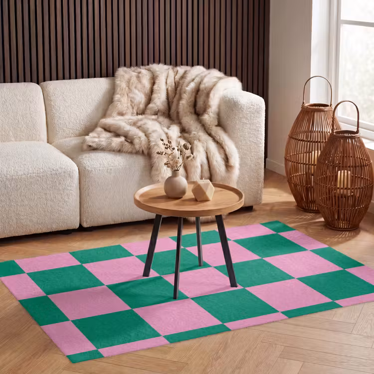 Schaakbord patroon - Groen - Roze - Blokjes Vloerkleed Rechthoek klein -atmosphere_sfeer2_global
