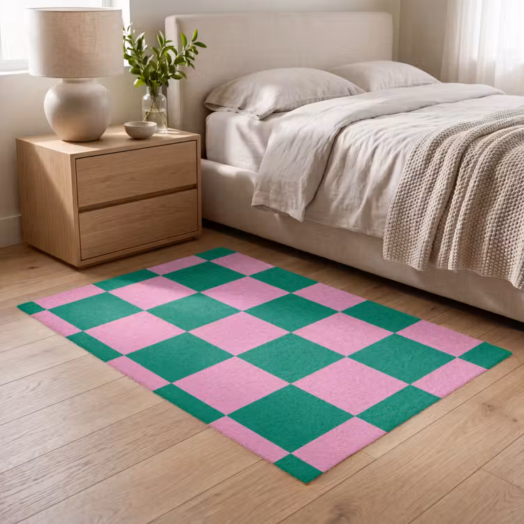 Schaakbord patroon - Groen - Roze - Blokjes Vloerkleed Rechthoek klein -atmosphere_sfeer3_global