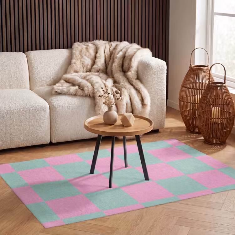 Schaakbord patroon - Groen - Roze - Blokjes Vloerkleed Rechthoek klein -atmosphere_sfeer2_global