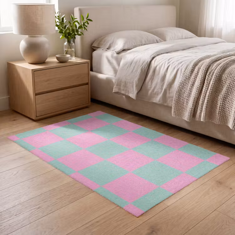 Schaakbord patroon - Groen - Roze - Blokjes Vloerkleed Rechthoek klein -atmosphere_sfeer3_global