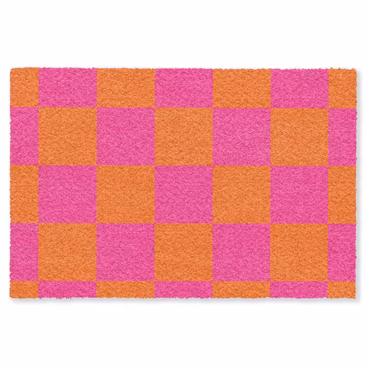 Schaakbord print - Oranje - Roze - Blokjes Vloerkleed Rechthoek klein -3d