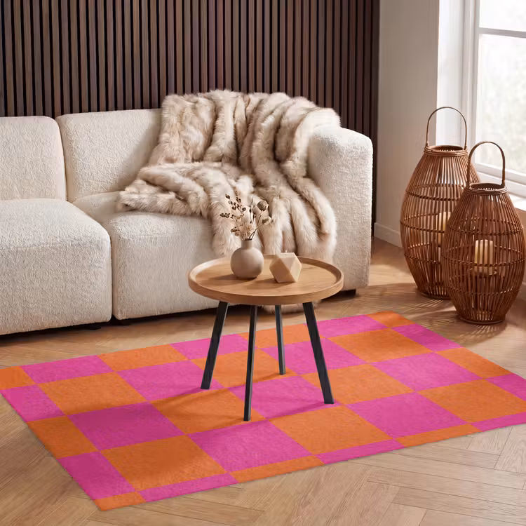 Schaakbord print - Oranje - Roze - Blokjes Vloerkleed Rechthoek klein -atmosphere_sfeer2_global