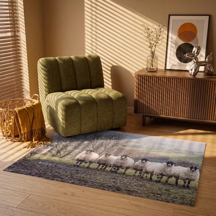 Schapen - Rij - Weide - Dieren - Platteland Vloerkleed Rechthoek klein -atmosphere_sfeer1_global
